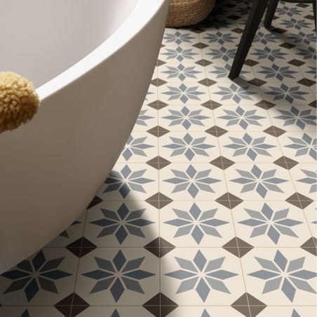 Sol Vinyle/PVC - 4m - carreaux de ciment bleu et marron, fond écru SCOTTSDALE 196L - Optima Retro-tex par Beauflor Sol Vinyle/PVC - 4m - carreaux de ciment bleu et marron, fond écru SCOTTSDALE 196L - Optima Retro-tex par Beauflor