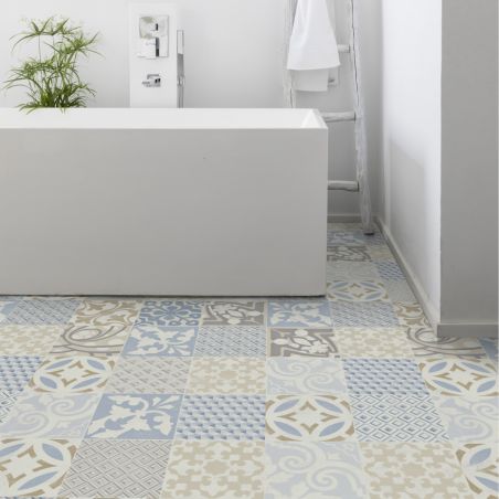 Sol Vinyle/PVC - 2m - carreaux de ciment bleu et taupe PROVENCE AZUR - Booster par Gerflor