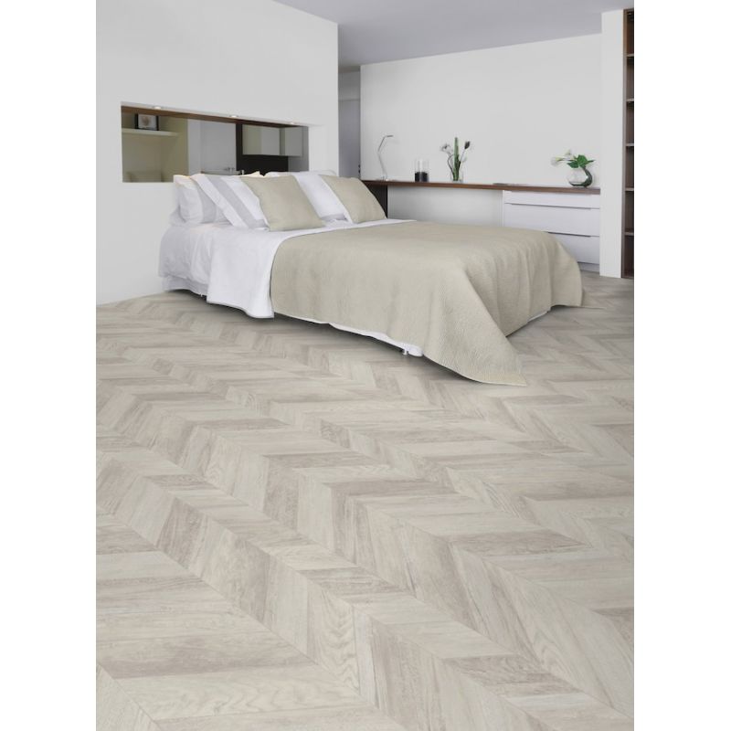 Sol Vinyle/PVC - 4m - parquet chevronblanc cérusé et gris clair PARIS WHITE - Texline par Gerflor