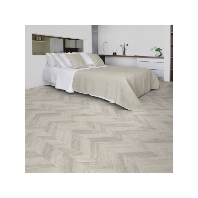 Sol Vinyle/PVC - 4m - parquet chevronblanc cérusé et gris clair PARIS WHITE - Texline par Gerflor