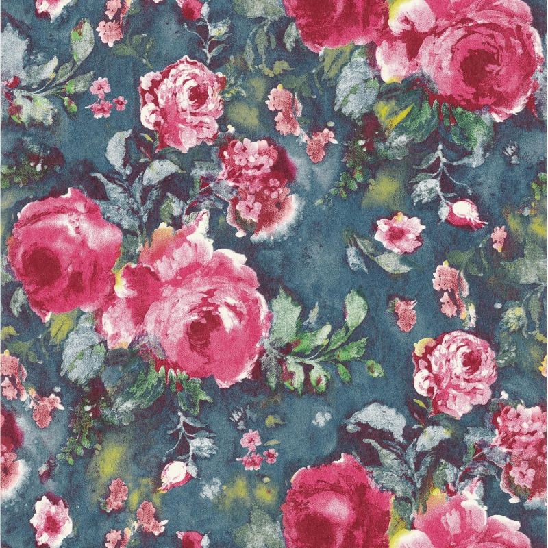 Papier peint intissé floral rose et bleu roi STELLA - Tailor par Casamance - 73390238