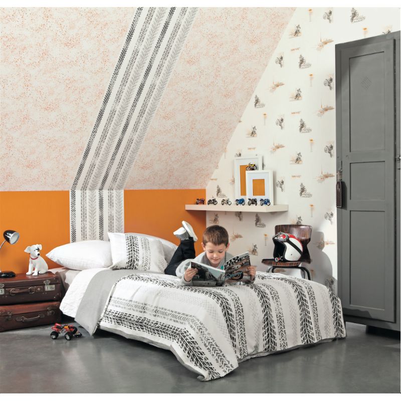 Papier peint standard enfant orange et gris MOTOCROSS - Only Boys par Caselio - 64813002