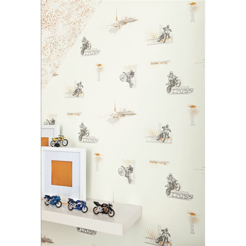 Papier peint standard enfant orange et gris MOTOCROSS - Only Boys par Caselio - 64813002