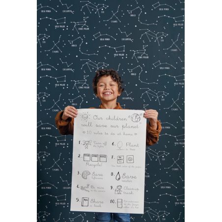 Papier peint intissé graphique bleu nuit phosphorescent et blanc CONSTELLATIONS - Our Planet par Caselio - 101916918