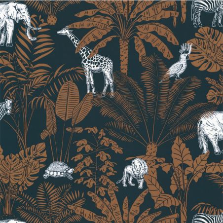 Papier peint intissé végétal bleu nuit et cognac JUNGLE TRIP - Our Planet par Caselio - 101956915