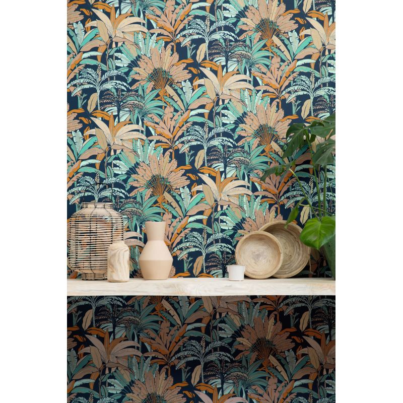 Papier peint vinyle sur intissé végétal vert émeraude et bleu marine EVASION - Escapade par Caselio - 102306216