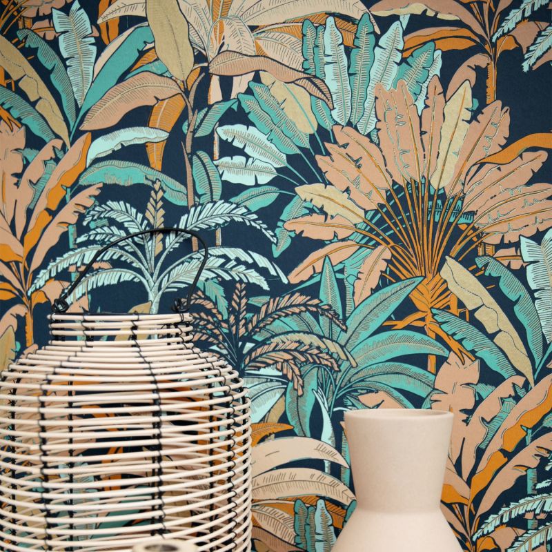 Papier peint vinyle sur intissé végétal vert émeraude et bleu marine EVASION - Escapade par Caselio - 102306216