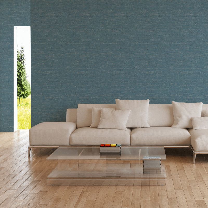 Papier peint vinyle sur intissé uni bleu pétrole et doré PAILLE JAPONAISE - Metropolitan Stories 2 par As Creation - 37857-6