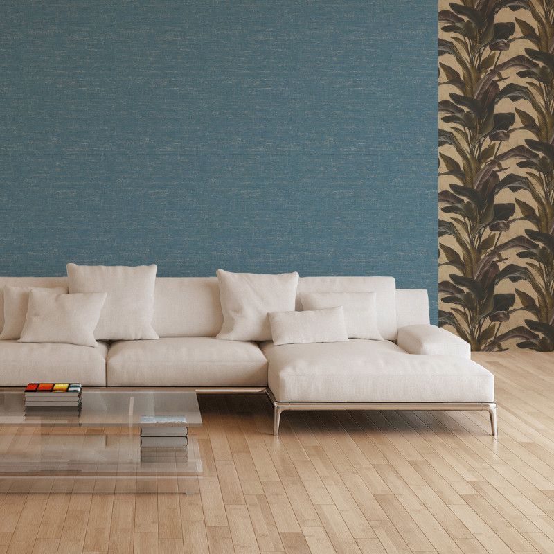 Papier peint vinyle sur intissé uni bleu pétrole et doré PAILLE JAPONAISE - Metropolitan Stories 2 par As Creation - 37857-6