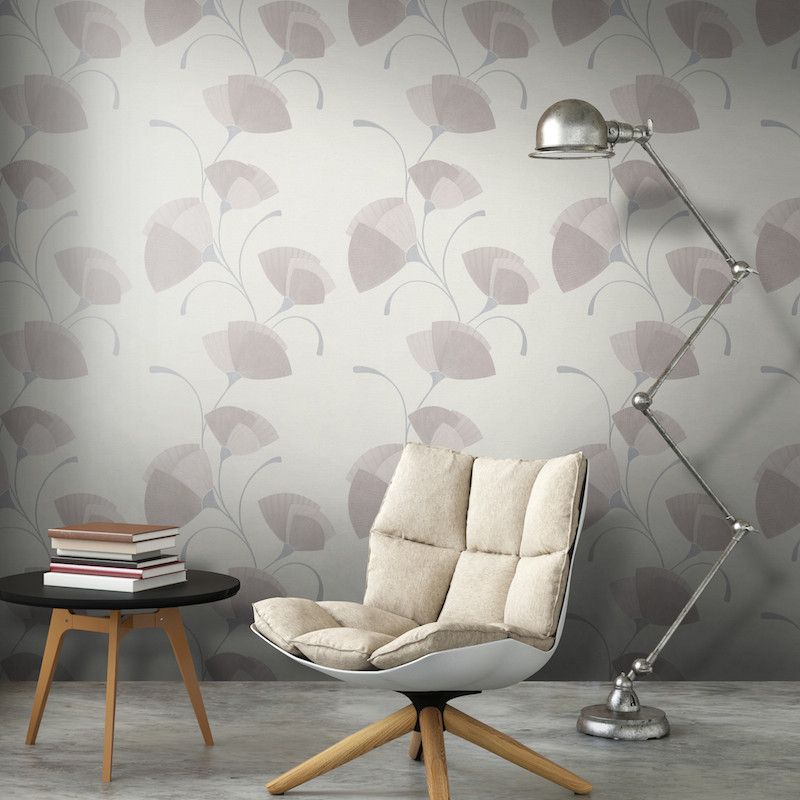 Papier peint vinyle sur intissé floral rose poudré pailleté et blanc cassé EVENTAIL - Fleur par Erismann - 02458-40