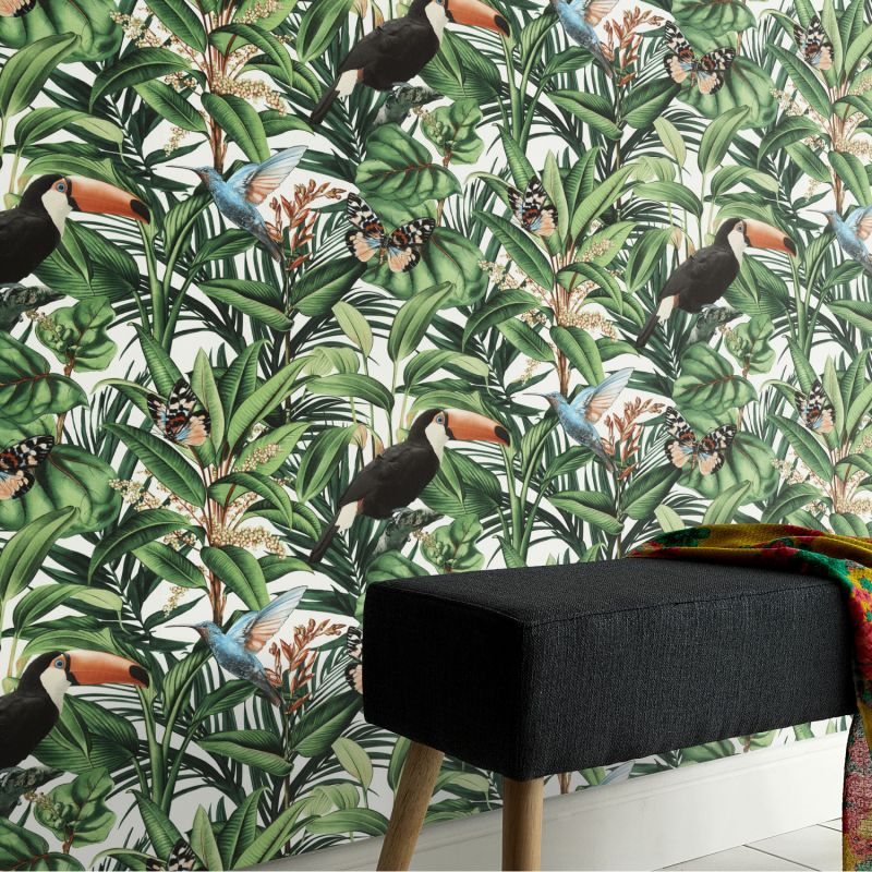 Papier peint vinyle sur intissé végétal vert et bleu PARADISIO 2 - Jungle par Erismann - 10121-07