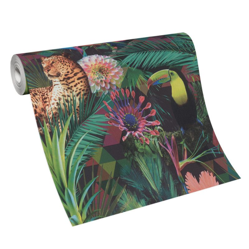 Papier peint vinyle sur intissé végétal vert et multico BRAZIL - Jungle par Erismann - 10083-07